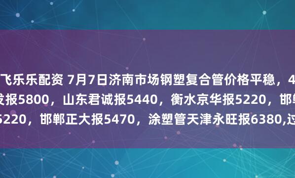 飞乐乐配资 7月7日济南市场钢塑复合管价格平稳，4寸*3.75mm邯郸友发报5800，山东君诚报5440，衡水京华报5220，邯郸正大报5470，涂塑管天津永旺报6380,过磅含税。(元/吨)